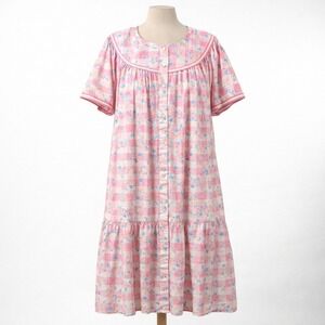 Vtg 90s Floral Plaid Button Nightgown Size L Pink Cottagecore Pocket House Dress
